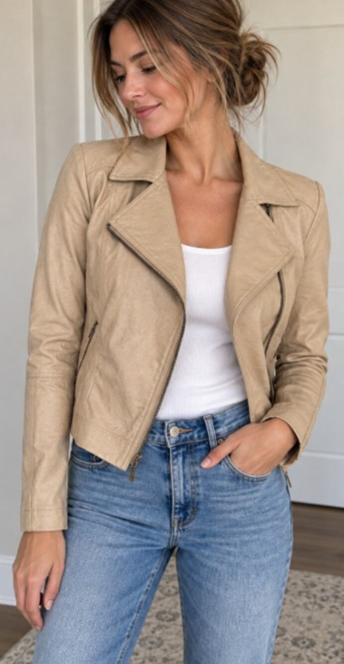 Anthropologie Ett:Twa Beige Faux Leather Moto Jacket – Size S